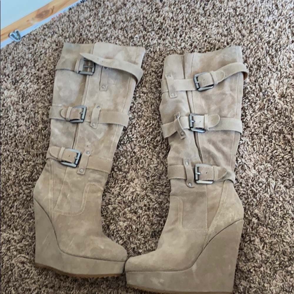 Suede buckle zip wedge boots